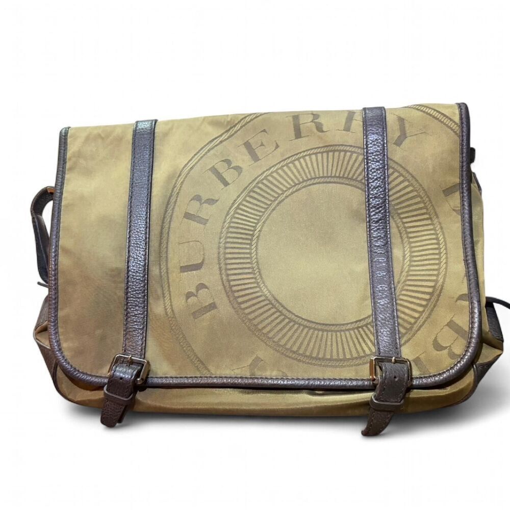 Burberry Logo Messenger Bag Olive Nylon Black Leather Trim Crossbody 17x14